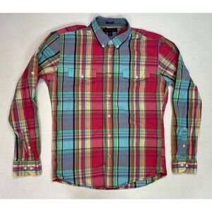 Tommy Hilfiger Plaid Shirt Men Large Multicolor Pockets Long Sleeve